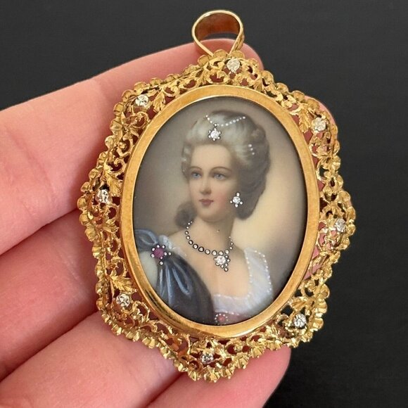 18K Yellow Gold Antique Intricate Filigree Diamond Portrait Cameo Pin Pendant - Picture 8 of 15